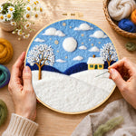 Creating the yellow cottage in the snow wool painting by hand with a felting needle