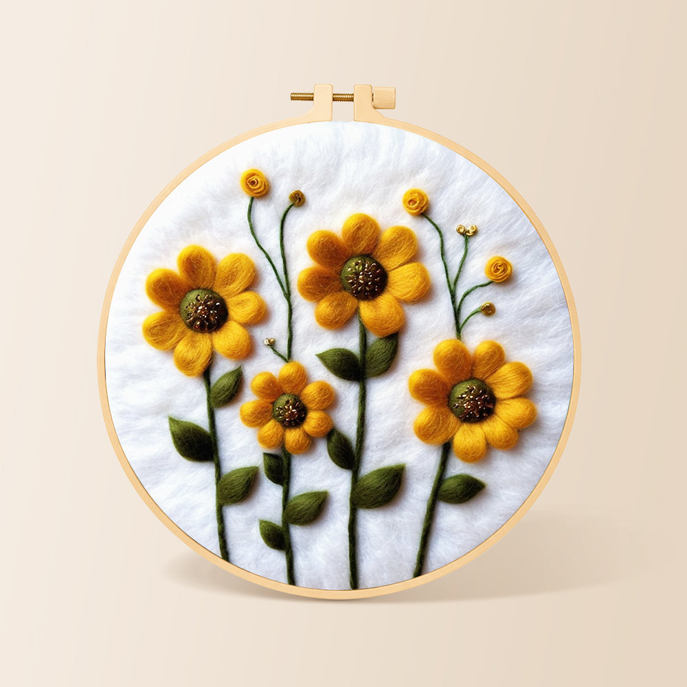 Yellow daisies with green stamens needle felting kit for beginners with a round wooden frame
