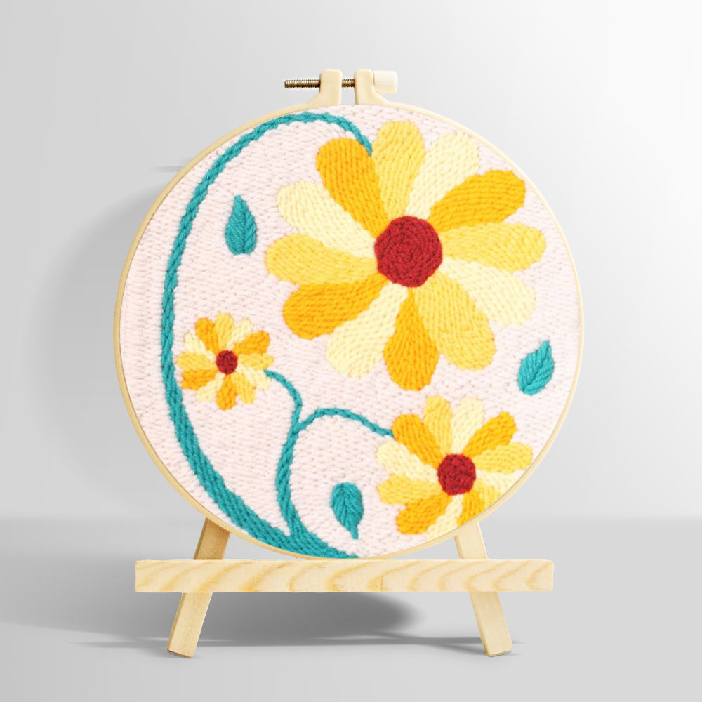 Yellow daisies with teal vines punch needle kit for beginners