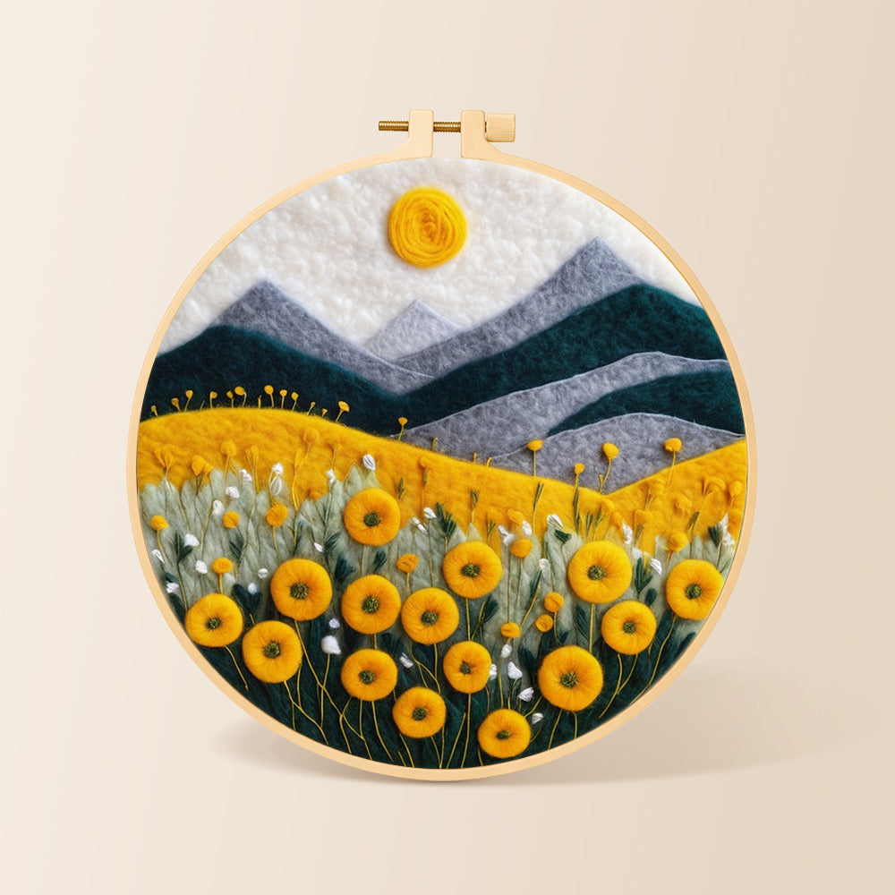 Yellow flower field with mountains needle felting kit for beginners with a round wooden frame