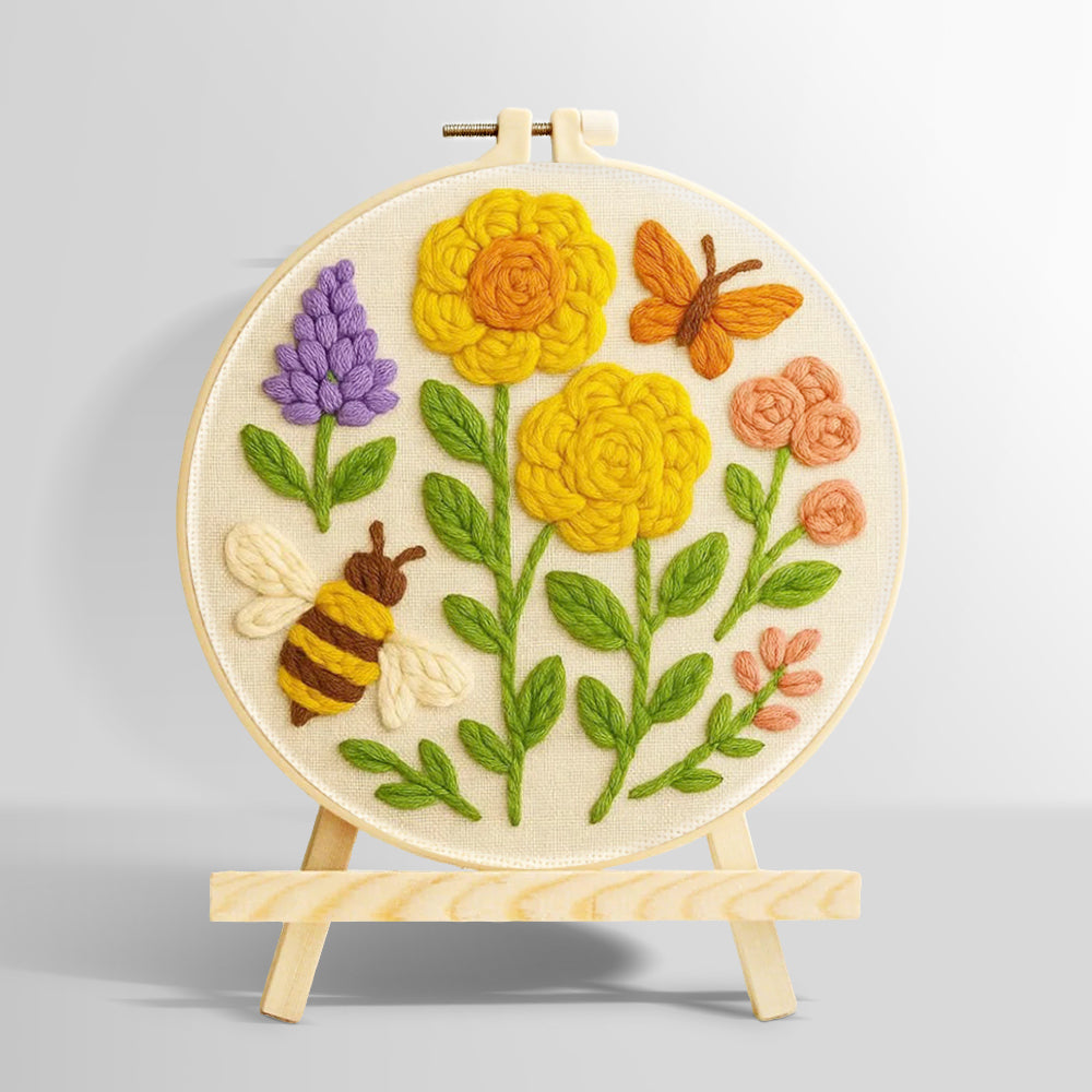 Yellow flowers, butterfly and bee punch needle kit for beginners