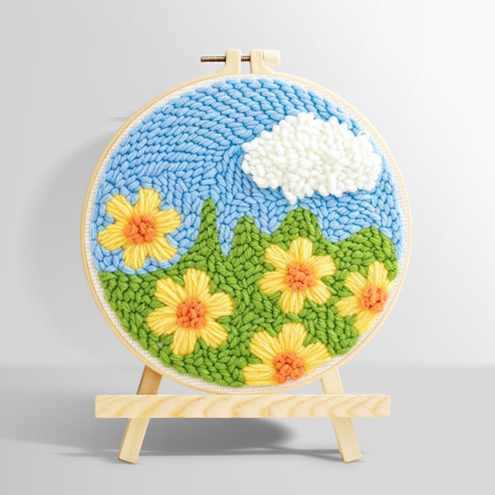 Yellow flowers under a cloud punch needle kit for beginners