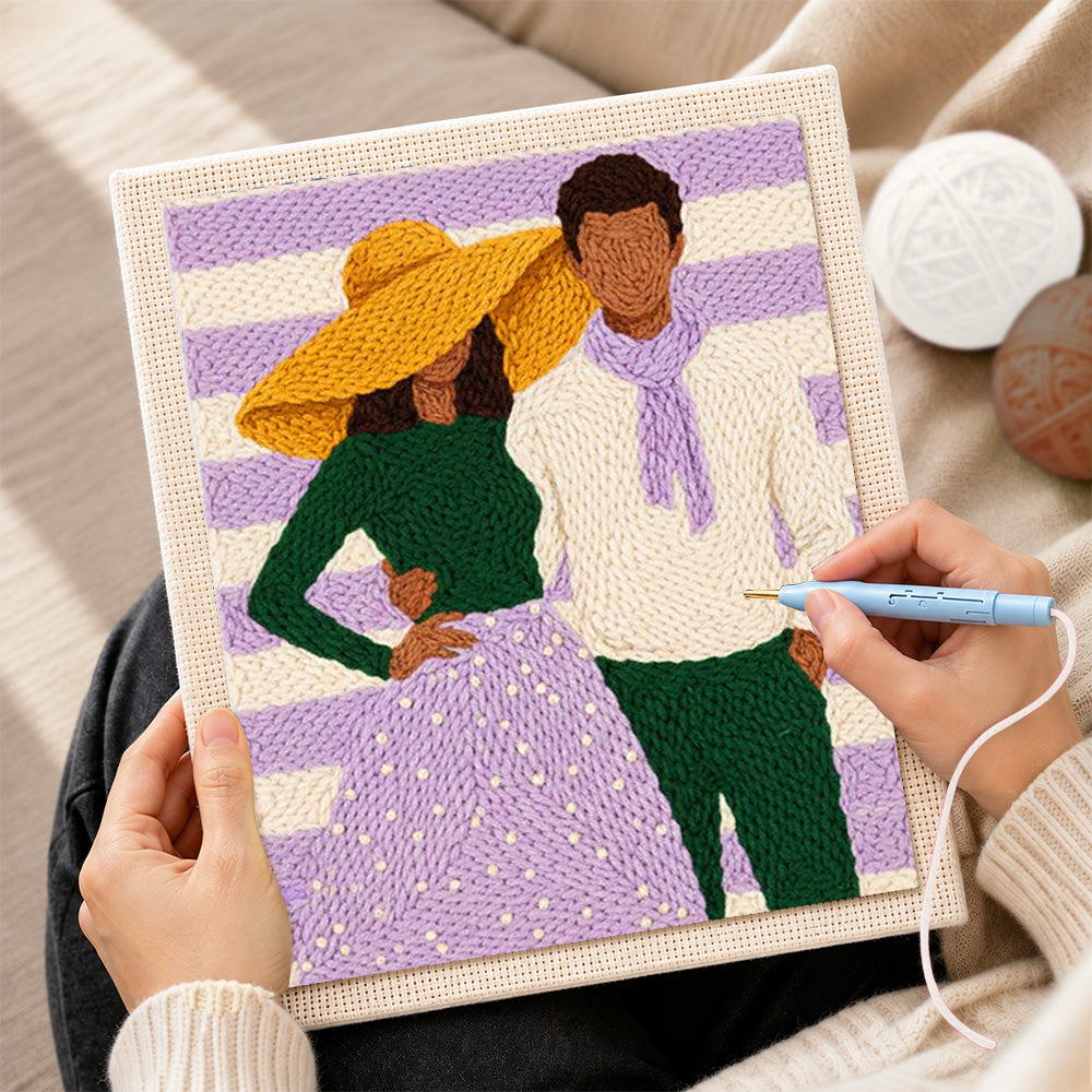 Creating handmade yellow hat lady and scarf man punch needle artwork