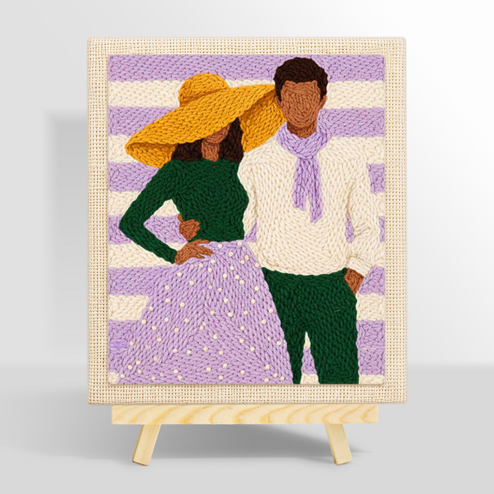 Yellow hat lady and scarf man punch needle kit for beginners