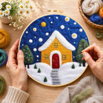 Creating the yellow house with snowy path wool painting by hand with a felting needle
