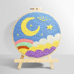 Yellow moon, colourful clouds and rainbow punch needle kit for beginners