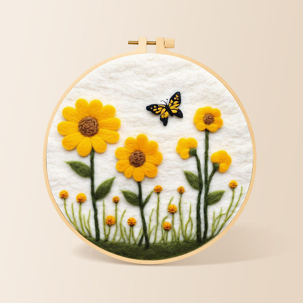 Yellow sunflowers with butterfly needle felting kit for beginners with a round wooden frame