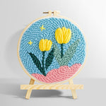 Yellow tulips on pink hills punch needle kit for beginners