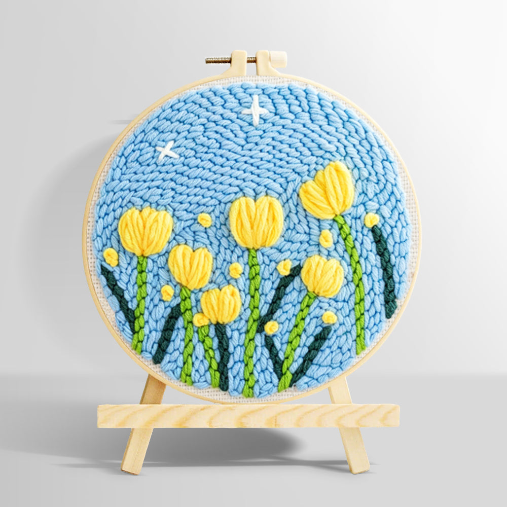 Yellow tulips under starry sky punch needle kit for beginners